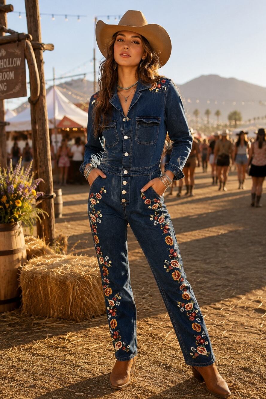 Floral Embroidered Denim Jumpsuit Western Boho Utility Festival Concert Size 6